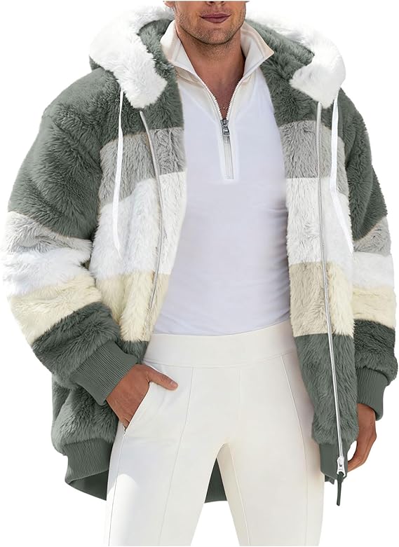Fleece Jacket for Men Fuzzy Warm Winter Coats Full Zip Sherpa Jacket Oversized Hooded Jackets Fluffy Coat with Pockets