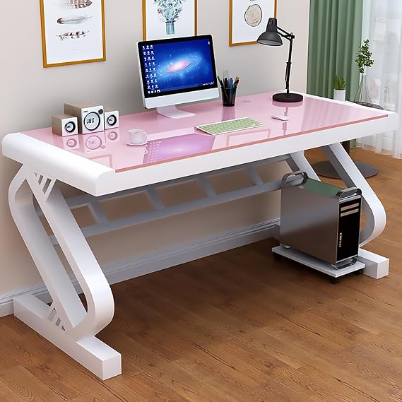 Contemporary Tempered Glass Computer Desk, Modern Large Home Office Desk Rectangular Writing Desk Gaming Desk with Metal Legs Computer Desktop Table(47''L, Pink)