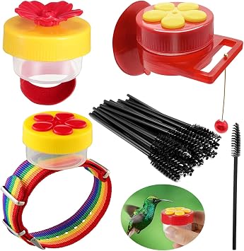 Hummingbird Wrist Feeder Set, 3 Pack Ring & Wrist Adjustable & Suction Cup Humming Bird Hand Feeders with 25 Cleaning Brush, Perches Mini Hand Held Flower Hummingbird Feeders for Outdoor (Rainbow)