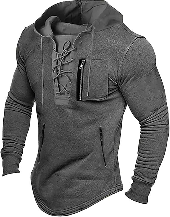 Lolvmvchi Mens Distressed Hoodies Sweatshirts Lace Up Hooded Pullover Outdoor Sports Long Sleeve