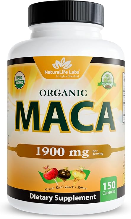 NaturaLife Labs Organic Maca Root Black, Red & Yellow 1900 mg per Serving 150 Capsules Gelatinized Peruvian Maca Non-GMO, Gluten-Free, Vegan