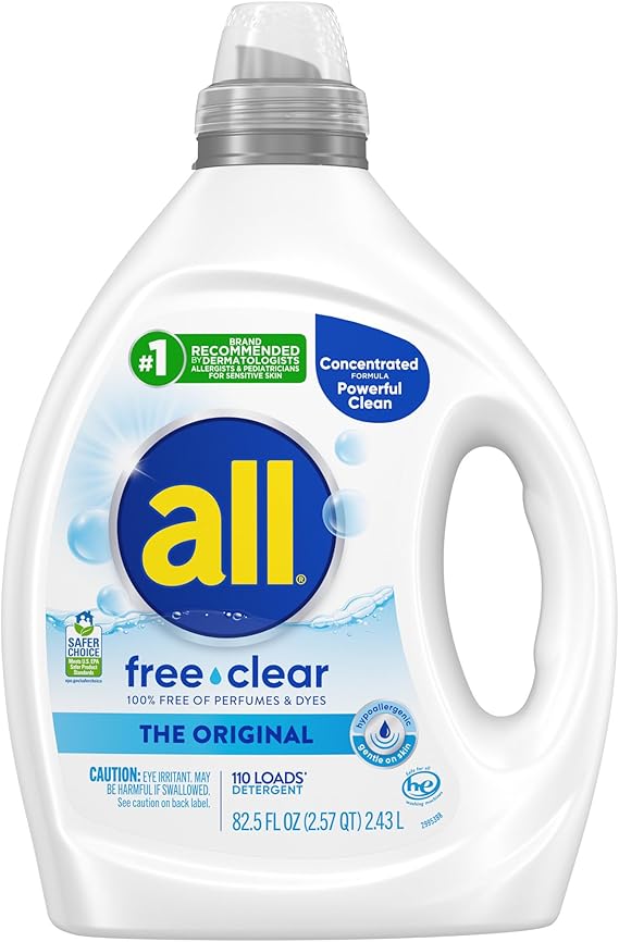 all free clear, Original, Liquid Laundry Detergent for Sensitive Skin, Unscented and Hypoallergenic, Concentrated, 82.5oz, 110 Loads | Reduces static cling, hypoallergenic and dye free, dermatologist recommended, fragrance free formula