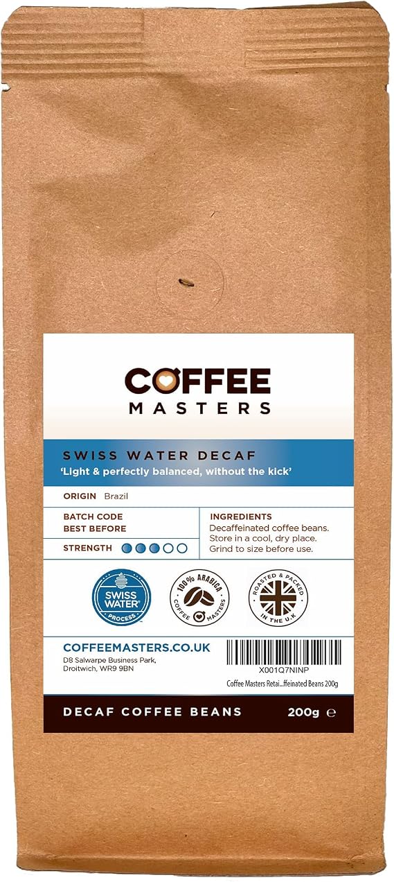 Coffee Masters Swiss Water Decaf Coffee Beans 200g - 100% Arabica Naturally Decaffeinated Bean - Great Taste Award Winner