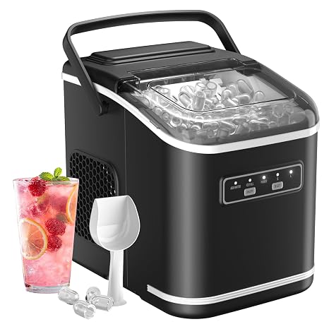 Ice Maker Machine Countertop 9Cubes/6Min 12KG/24H Self-Cleaning | Quick Ice Ready, Portable Ice Cube Maker with Standing Scoop and Handle for Home/Kitchen/Party/Camping