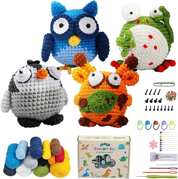 Complete Crochet Kit for Beginners, 4 PCS Animals Crochet Starter Kit with Step-by-Step Instructions &amp; Video Tutorials, Beginner Crocheting Kits for Adults Kids, DIY Christmas Birthday Gifts for Girls