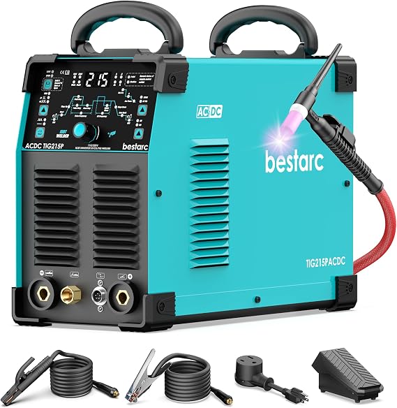 Bestarc TIG Welder AC/DC, 215Amp Aluminum TIG Welder with Pulse TIG, 110V/220V Dual Voltage TIG Welding Machine with DC TIG/AC TIG/Pulse TIG/Stick Welding