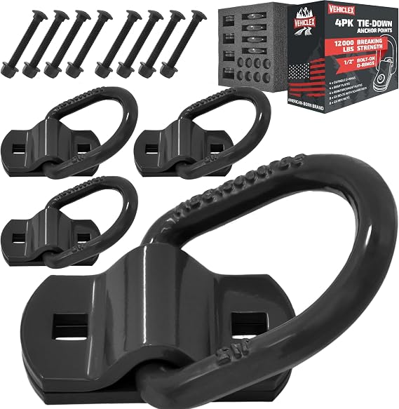 Vehiclex 1/2" Bolt On D Rings for Trailers, Forged Galvanized Steel | 12,000 lbs Break Strength, Trailer Tie Down Anchor Points, Corrosion Resistant, 4 Pack, Black