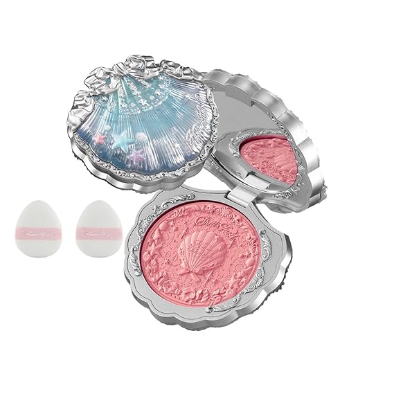 Flower Knows Shell's Jewel Silk Satin Blush 03 & Powder Puffs Set,Peach Glow,Warm Peach Pink for Healthy Sun-Kissed Glow,Powder Blush