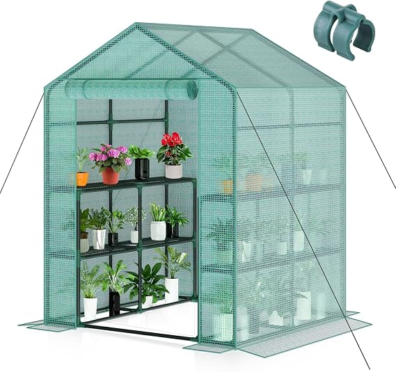 Greenhouse, 57 x 57 x 76'' Greenhouses Plant Tent for Outdoors, Durable Grow Kit with Window, Thicken PE Cover, 3 Tiers 8 Shelves, Heavy Duty Walk in Green Houses for Indoor Backyard Outside