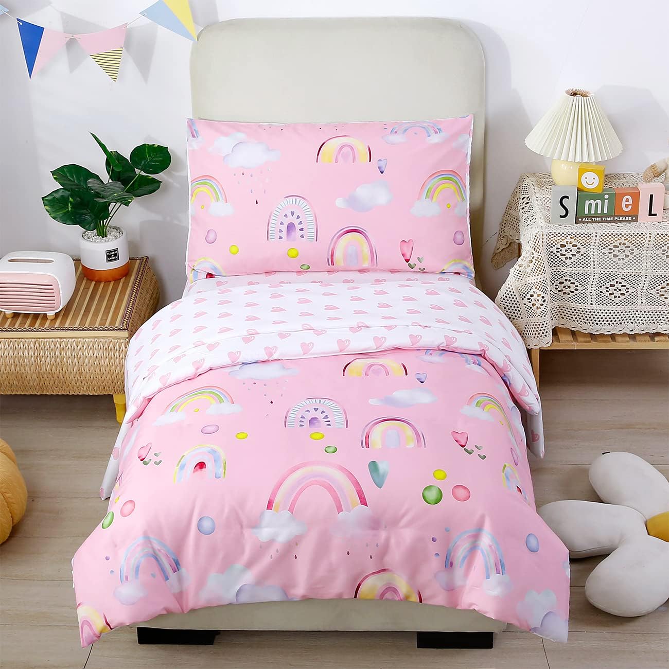 Rainbow Print Duvet Cover Sets Hearts Pattern Girls Bedding Set Soft Breathable Bed Collection ToddlerJuniorCot Pink Reversible Quilt Cover Single Size