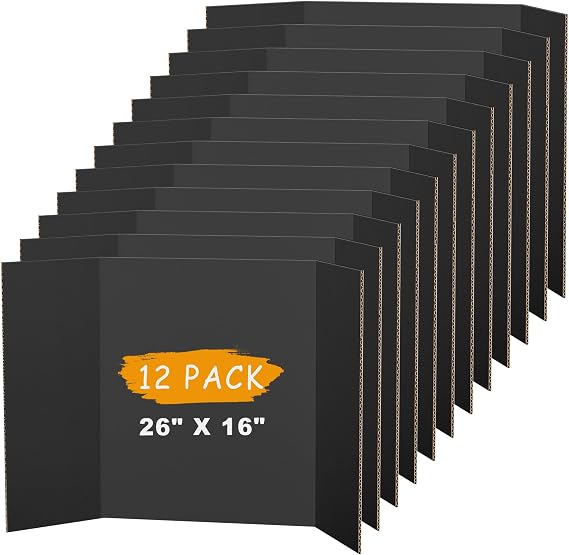 AKONEGE 12 Pack Black Tri-Fold Display Board 400x666mm Foldable Presentation Poster Board, Corrugated Cardboard for Business &amp; School Projects, Science Fair Display, Art Exhibits