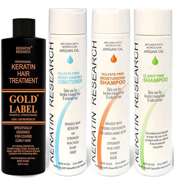 Gold Label Brazilian Keratin Hair Treatment Straightening works on All Hair Types Incl Coarse Thick Dry Frizzy Curly Bleached Dominican Brazilian Indian Strong formula Hair (LARGE FULL SET)