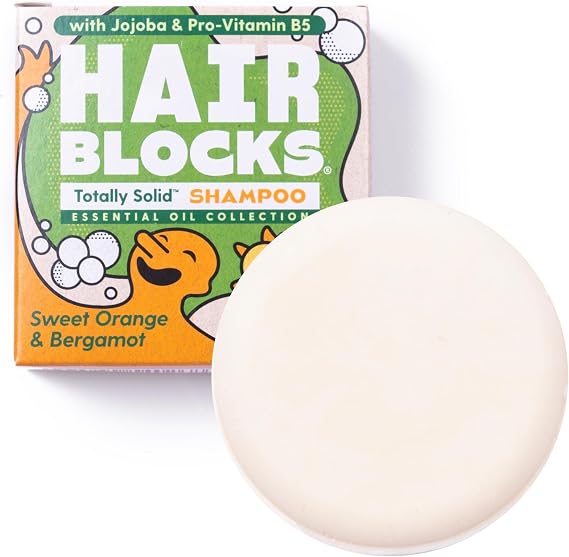 Hair Blocks - Solid Shampoo Bar (85g) for all hair types: Sweet Orange & Bergamot Solid Shampoo Bars| Soap Free, Plastic Free | Plant Based |