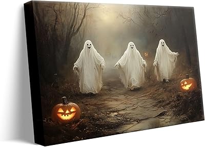 ART Halloween Canvas Wall Decor Three Ghosts and Pumpkins Vintage Gothic Canvas Poster Framed Pictures Print Painting for Living Room Bedroom Gothic Decor 8x10inch