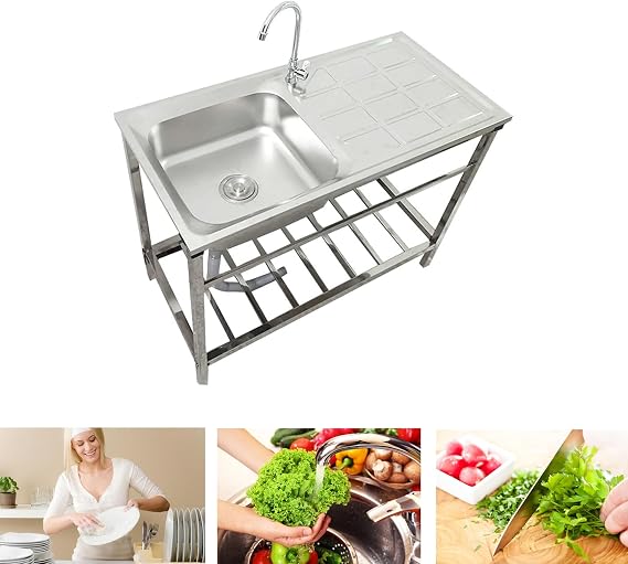 Stainless Steel Utility Kitchen Sink Outdoor Sink Laundry Room Sink with Cabinet Portable Sink Garage Sink Commercial Sink with Countertop,Faucet Combo,Drain Strainer Set for Garden Restaurant ( Color