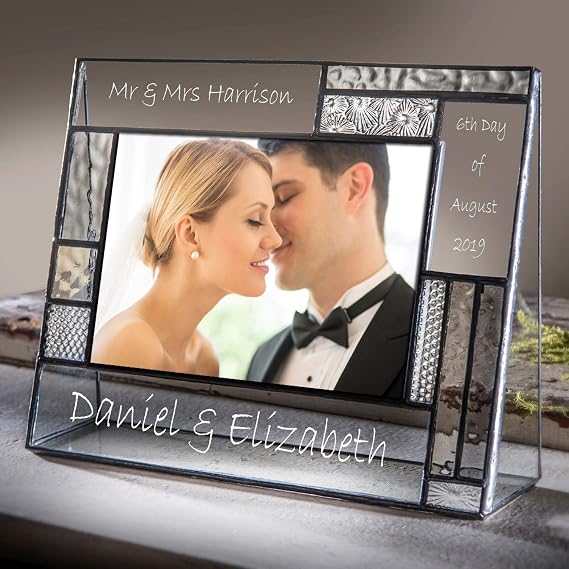 Personalized Wedding Picture Frame 4x6 Horizontal Stained Glass by J devlin | Custom engraved glass; Names and wedding date personalization; Handcrafted stained glass; Wedding photo display; keepsake