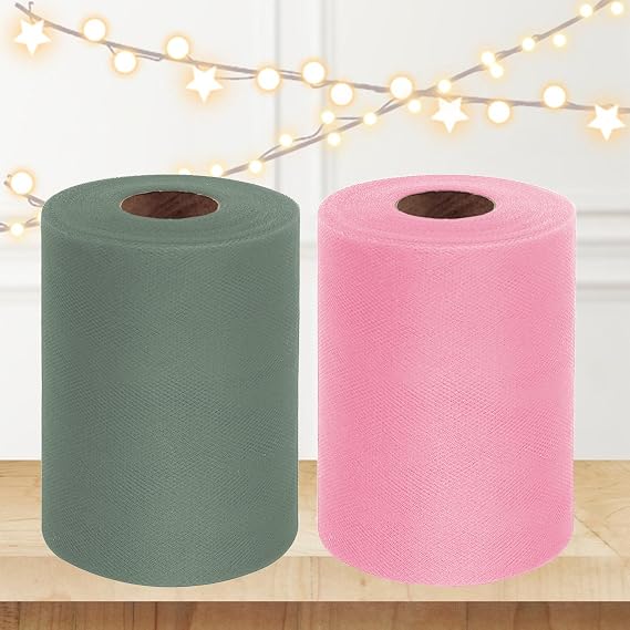 2PCS 6" x 100 Yards Tulle Fabric Roll Bundle (Sage Green & Pink)