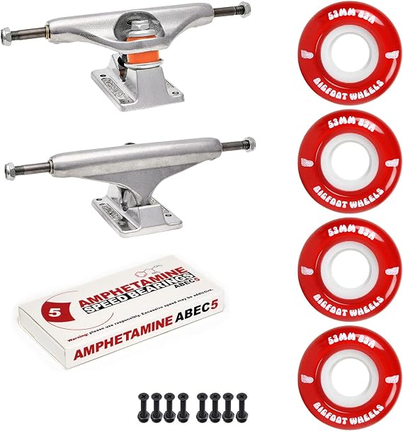 Independent Skateboard Trucks Package Kit with Bigfoot 53mm Soft 83A Wheels, Amp 5 Bearings, 1" Phillips Mounting Hardware, and 1/8" Risers