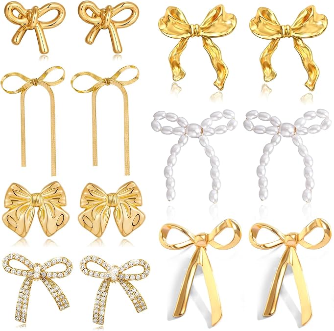 GIFIKOI Golden Bow Earrings for Women Classic Ribbon Bow Stud Earring Set