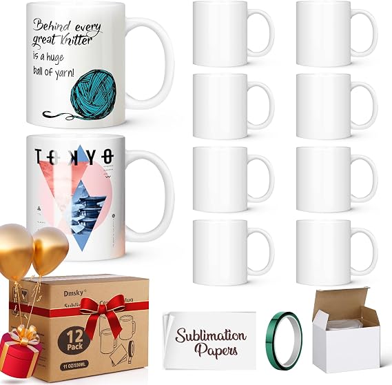 Dmsky Sublimation Coffee Mugs Tazas para Sublimar 11 oz Blank Bulk Coffee Mug White Ceramic Photo Cups with Box, Heat Tape, Sublimation Paper Ideal for Crafts Printing Set of 12