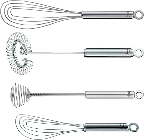 Rosle Stainless Steel Kitchen Utensils Set: Flat Whisk 10.8-Inch, Spiral Whisk 10.6-Inch, Twirl Whisk 10.6-Inch, Flat Whisk 9-Inch