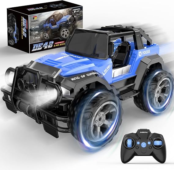 DEERC DE42 Remote Control Car RC Racing Cars,1:18 Scale 80 Min Play 2.4Ghz LED Light Auto Mode Off Road RC Trucks with Storage Case,All Terrain SUV Cars Toys Gifts for Boys Kids Girls Teens,Blue