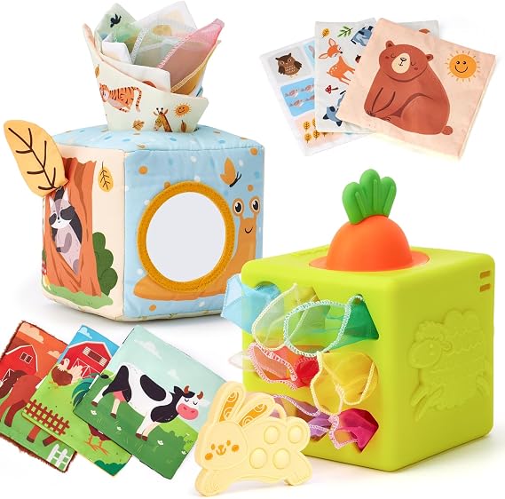 hahaland Baby Tissue Box Toy - Baby Toys 6-12 Months Montessori Toys with Scarves, Crinkle, Textures, Mirror - Gifts for Babies
