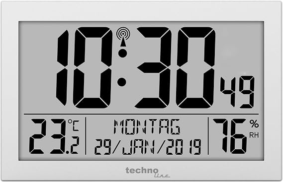 Technoline WS8016 WS 8016 Radio Controlled Wall Clock with Temperature Display Plastic Silver Small 22.5 x 14.3 x 2.4 cm