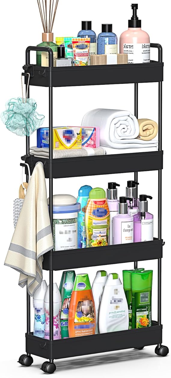 SOLEJAZZ Slim Rolling Storage Cart Skinny Bathroom Organizer, 4 Tier, Black | Thin utility cart with wheels for bathroom, laundry room, bedside, kitchen, dorm, office, next to fridge, small narrow places