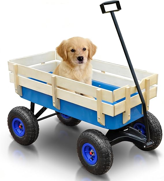 All-Terrain Wagon with Removable Wooden Side Panels | - Garden & Pet Folding Wagon with Steel Bed & Pneumatic Tires - Blue