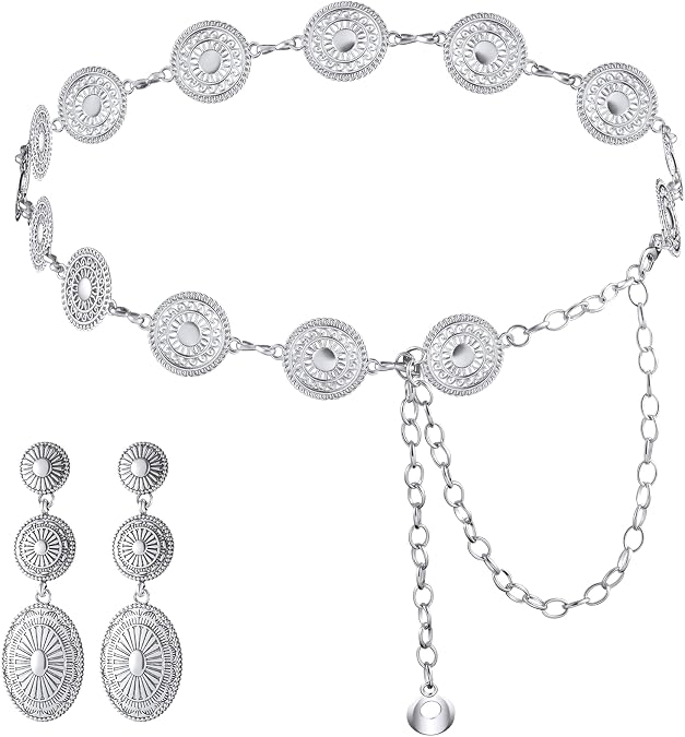 Bohemian Concho Chain Belt and Earrings Set for Women, Adjustable Western Belt 23.544.5 Inch with Lightweight Drop Earrings for Wedding, Party, Date, Festival, Concert, Anniversary