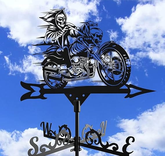 Weather Vane, Cast Iron Wind Vane with Motorcycle Ornament Indicator Professional Measuring Tool Outdoor for Roofs Weathervane Garden Yard Patio Decor Plug-in,Black