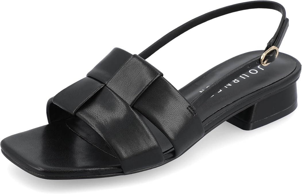 Journee Womens Woven Slingback Inset Low Covered Block Heel Open Square Toe Tabatha Comfort Foam Sandals Black, 6