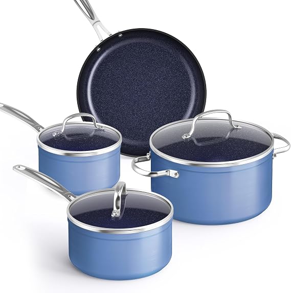 Nuwave Healthy Duralon Blue Ceramic Nonstick Coated 7pc Cookware Set | Scratch-Resistant Diamond Infused, PFAS Free, Induction Ready & Evenly Heats, Oven Safe, Tempered Glass Lids