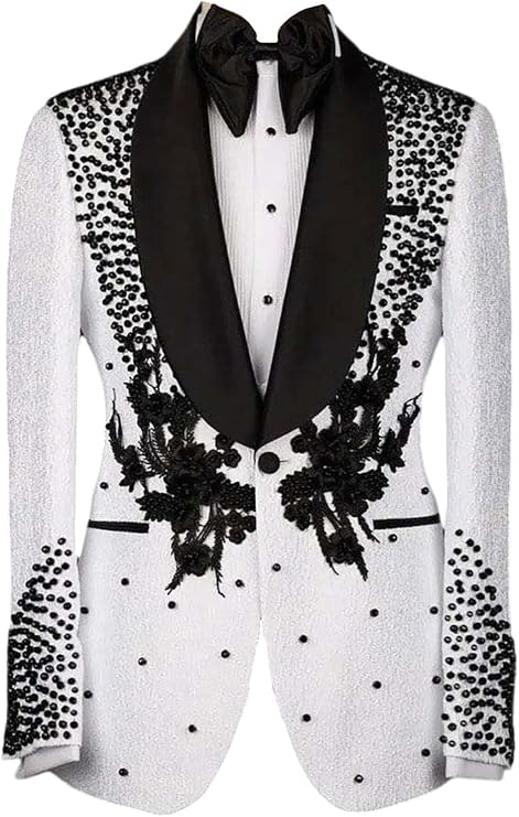 Men Luxury Beaded Appliques Blazer One Button Shawl Lapel Tuxedo Suit Jacket Wedding Prom Dinner Party Banquet Formal