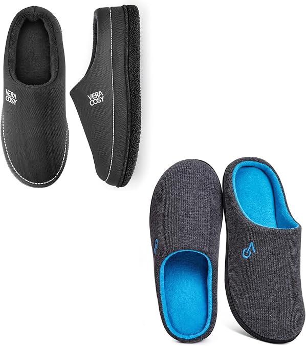 VeraCosy Men's Set of 2 Pairs - Two-Tone House Slippers (Size 10.5, Dark Grey) - Cozy Knit Slipper for Indoor Outdoor (Size 11-12, Grey)