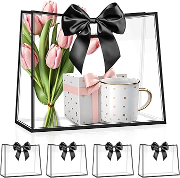 YumiTrek 15Pcs Clear Gift Bags with Handles, Large PVC Transparent Bags with Ribbon 12 x 10 x 5 in, Party Favor Bag Reusable for Wedding Bridal Shower Baby Shower Birthday (Black)