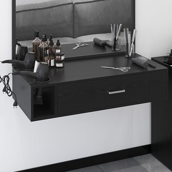 4ever2buy Wall Mount Salon Station, Black Barber Station Organizer with Drawer and Shelves, Hair Salon Station with 3 Dryer Holders, Salon Station Wall Mount for Hair Stylist