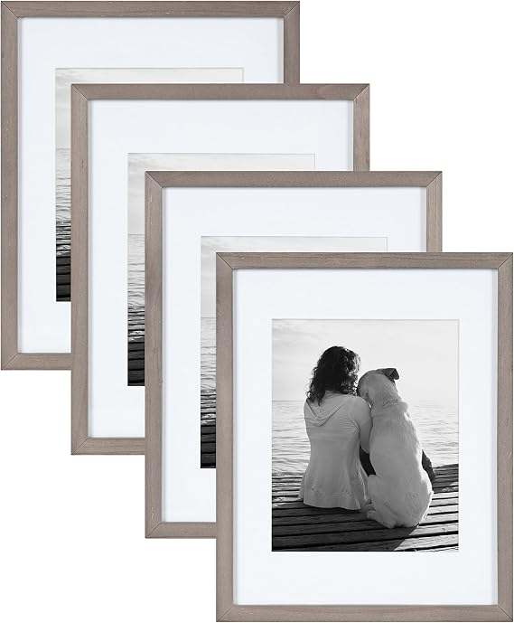 DesignOvation Gallery Picture Frame Set; Set of 4; 11 x 14 Matted to 8 x 10; Gray; Decorative Farmhouse Set of Robust Solid Wood Picture Frames for Wall Decor