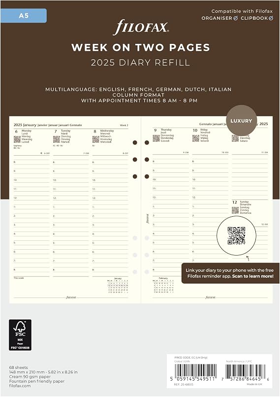 Filofax Calendar Diary Refill, A5 Size, Week-to-View with Appointments, Cotton Cream Paper, Multilingual: Five Languages, 2025 (C68513-25)