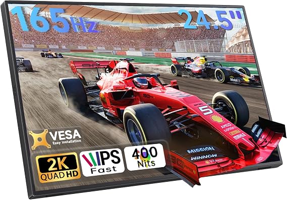 24.5" 2K Portable Monitor, 165Hz Gaming Monitor with 100% sRGB IPS Panel, Built-in Adjustable Stand & VESA Mount, USB-C HDMI External Second Screen for Laptop, PC, Phone, Xbox, PS5