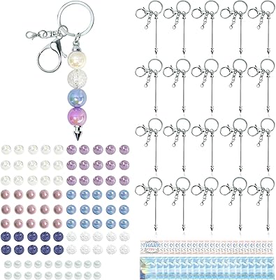 160pcs Silver Beadable Keychains Kit with 100pcs 16mm Acrylic Beads and Imitation Pearl Beads, 20 Blank Beadable Keychain Bars, 20 Thank You Cards, 20 Resealable Pouch Bags