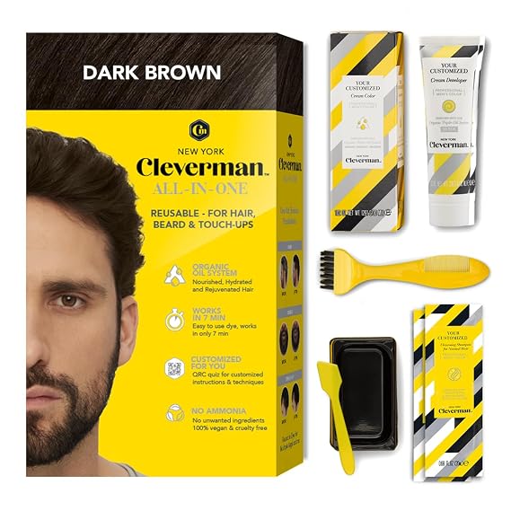 Cleverman Reusable Hair & Beard Dye for Men, Dark Brown