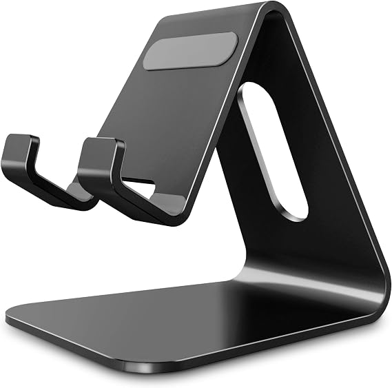 Aluminum Cell Phone Stand for Desk, Fits 4-8'' iPhones, Black | Sturdy Aluminum Phone Holder, Fits All Smartphones and Switch, Compatible with iPhone 17/16/15/14/Pro Max/SE and more
