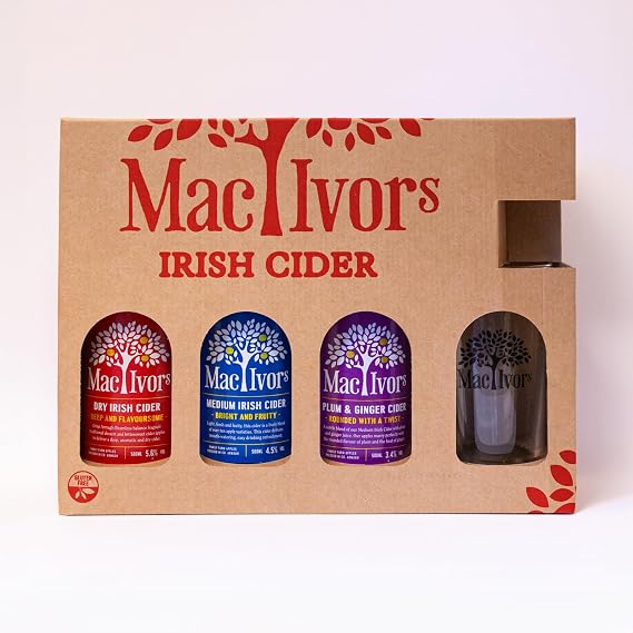 Mac Ivor Cider Gift Set | Award Winning Irish Cider: Dry, Medium, Plum &amp; Ginger Large 500ml Bottles + Luxury Branded Glass