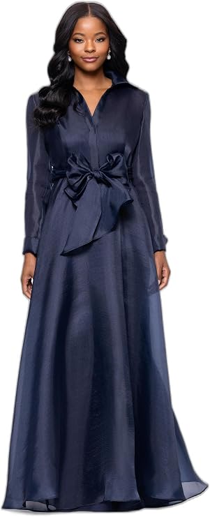 Betsy & Adam Women's Floor-Length, Long Sleeve, Organza Dress, with Tie-Waist Detail, Navy, 12
