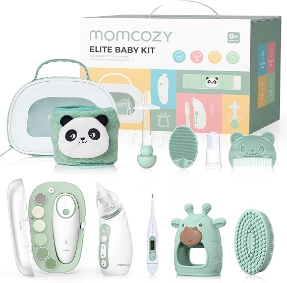 Momcozy Elite Baby Kit, Superior Baby Shower Gift & Registry Essential Kit | Grooming&Health&Cleansing Care Set,Electric Nail File & Nasal Aspirator,Tummy Wrap,Thermometer,Bath Brush,Teether,Storage Bag