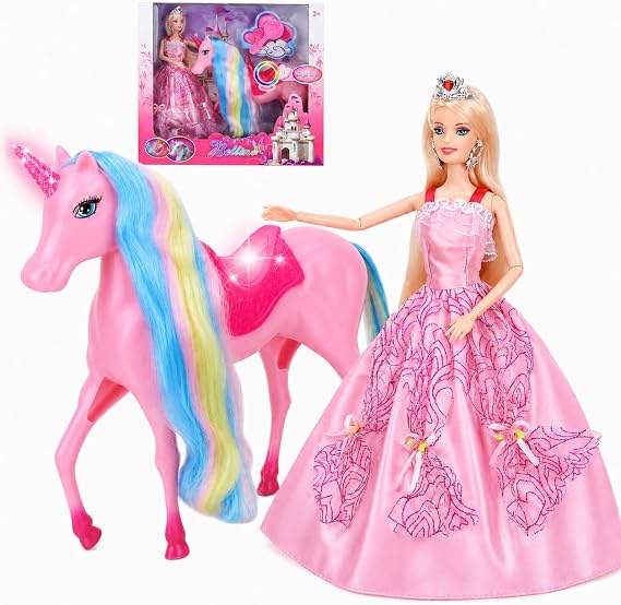 BETTINA Unicorn Princess Dolls Set, Magical Light Unicorn Toys for Girls, Horse Toys with Mane and Tail, Princess Toy, Unicorn Gifts for Girls Kids Aged 3 4 5 6 7 8