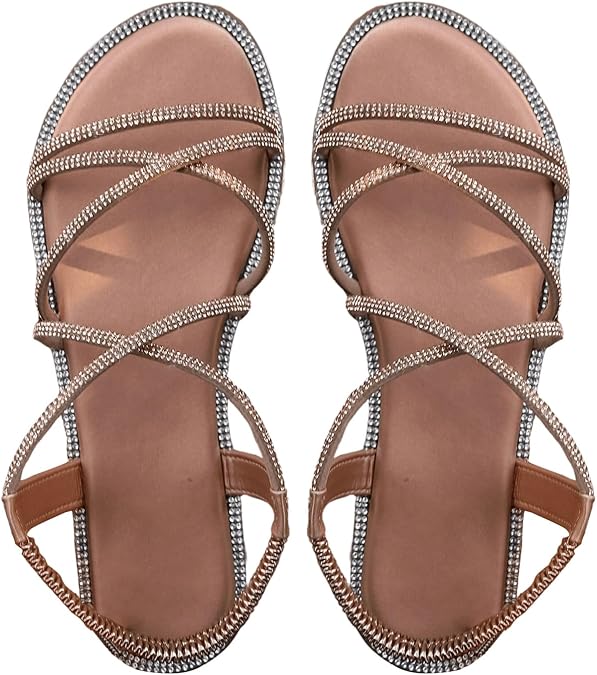 OYOANGLE Women's Rhinestone Sparkly Strappy Sandals Glitter Flat Sandals | Criss Cross, Comfortable Elastic Ankle Strap Sandal, Bling Wedding Bridal Vacation, Dressy Sandal