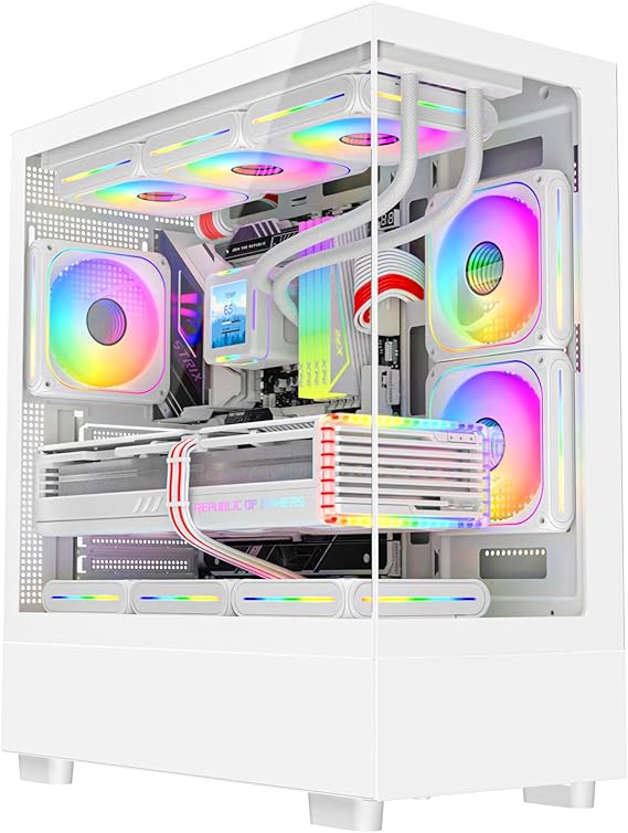 ASC Gaming PC Tower, AMD Ryzen 5 5500, 16GB RAM, 1TB+256GB SSD, RTX4060 8GB Graphics, Windows 11, White RGB 9 Fan Glass Gaming Case..